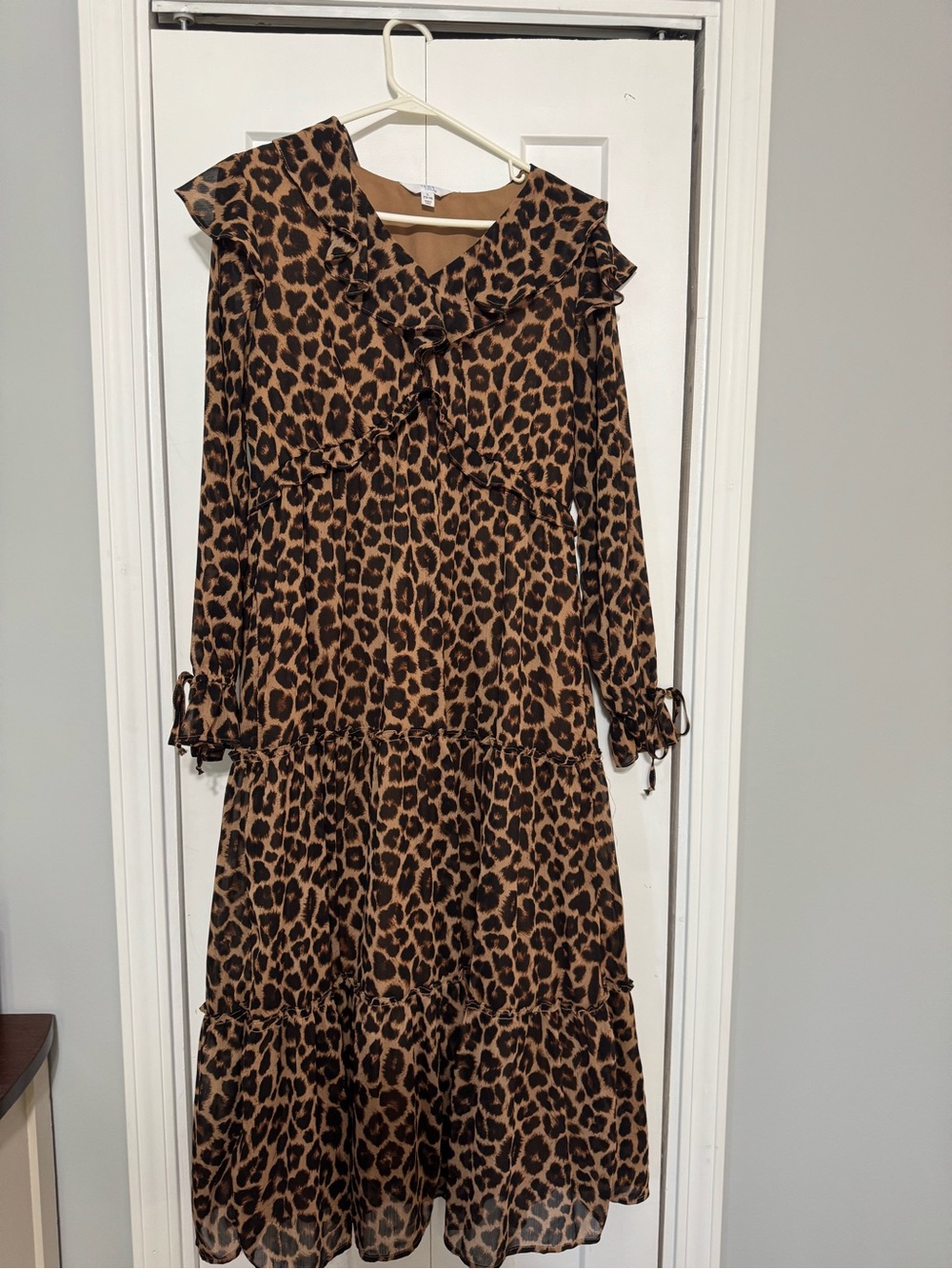 Leopard Print Ruffle Tiered Long Sleeve Midi Dress - Brown